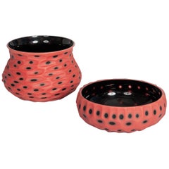 Italian Modern Coral-Black Murano Glass Bowls with Battuto Decor by Afro Celotto