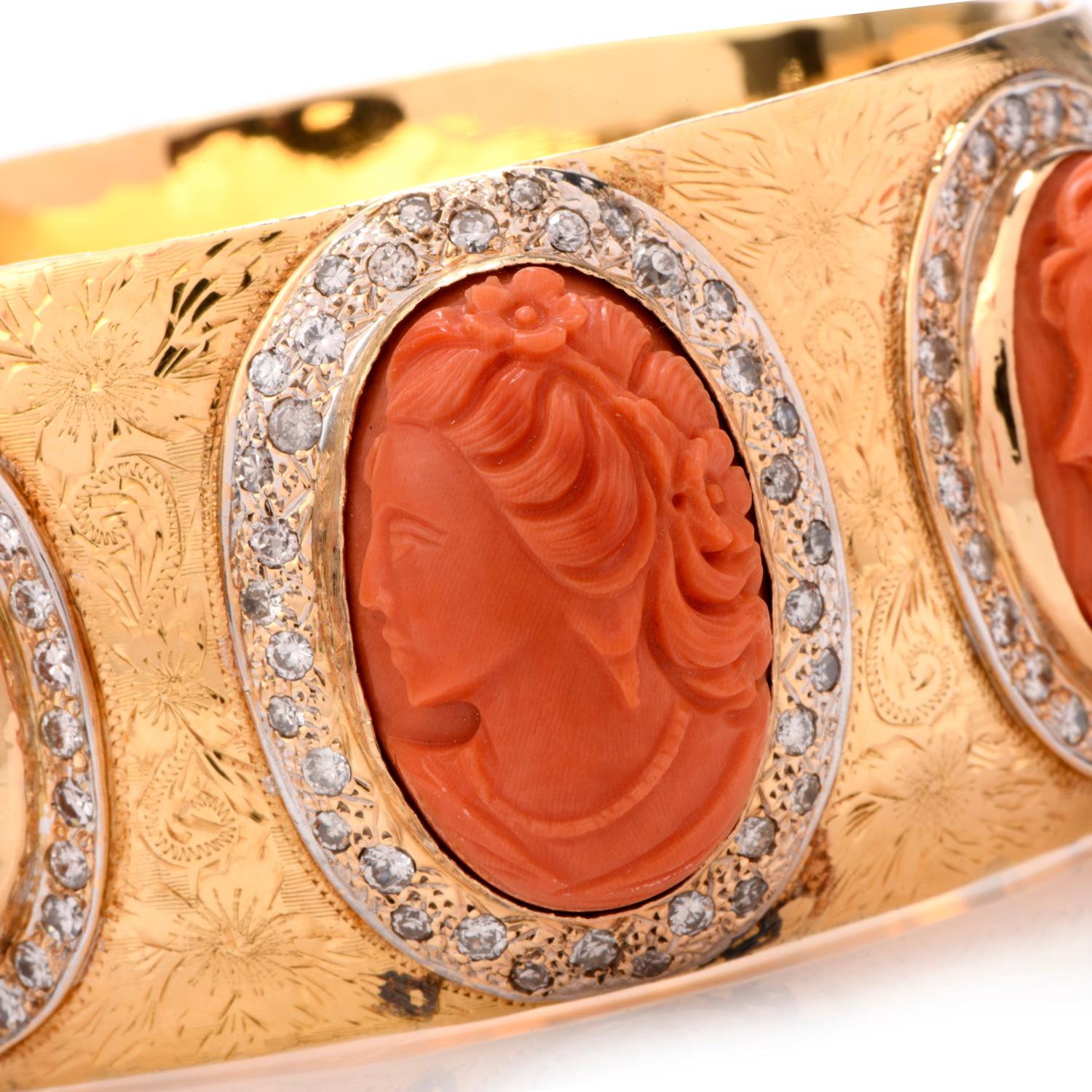 Post-War Italian Coral Cameo Diamond 18 Karat Wide Bangle Bracelet For Sale