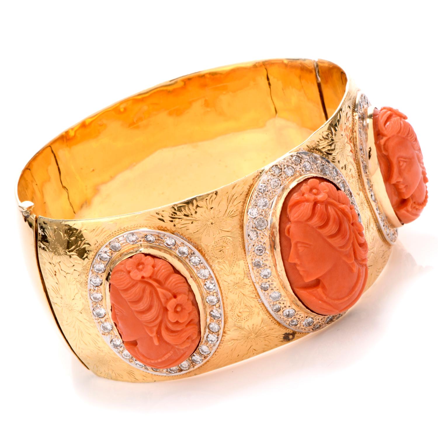 Round Cut Italian Coral Cameo Diamond 18 Karat Wide Bangle Bracelet For Sale
