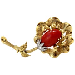 Italian Coral, Diamond and Gold Flower Brooch