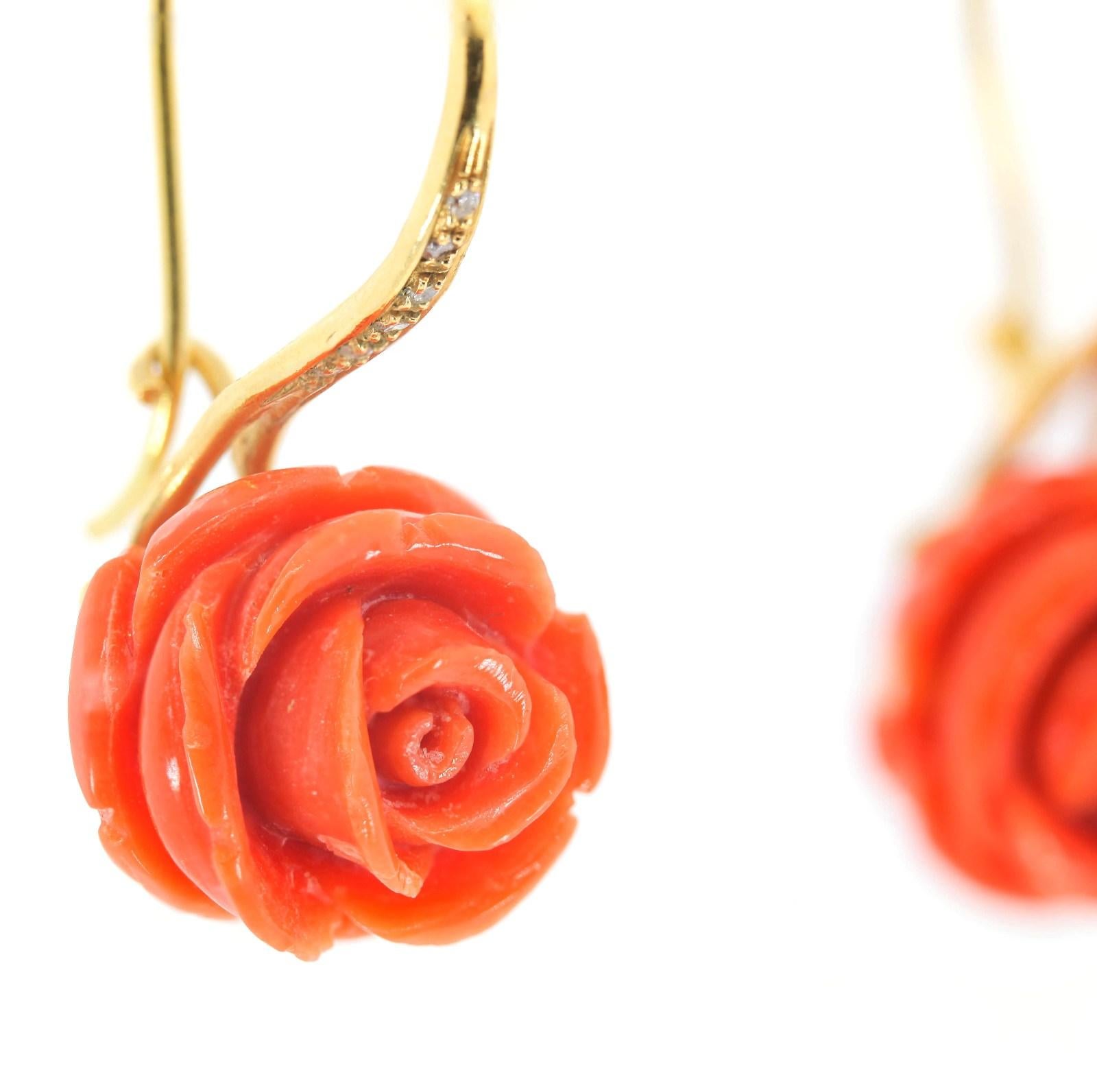 Artisan Italian Coral and Diamond Gold Earrings For Sale