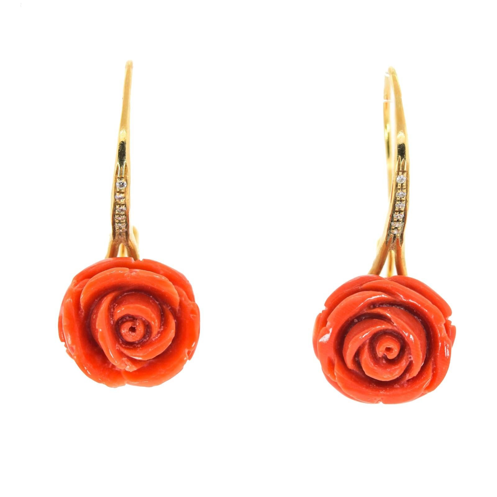 Round Cut Italian Coral and Diamond Gold Earrings For Sale
