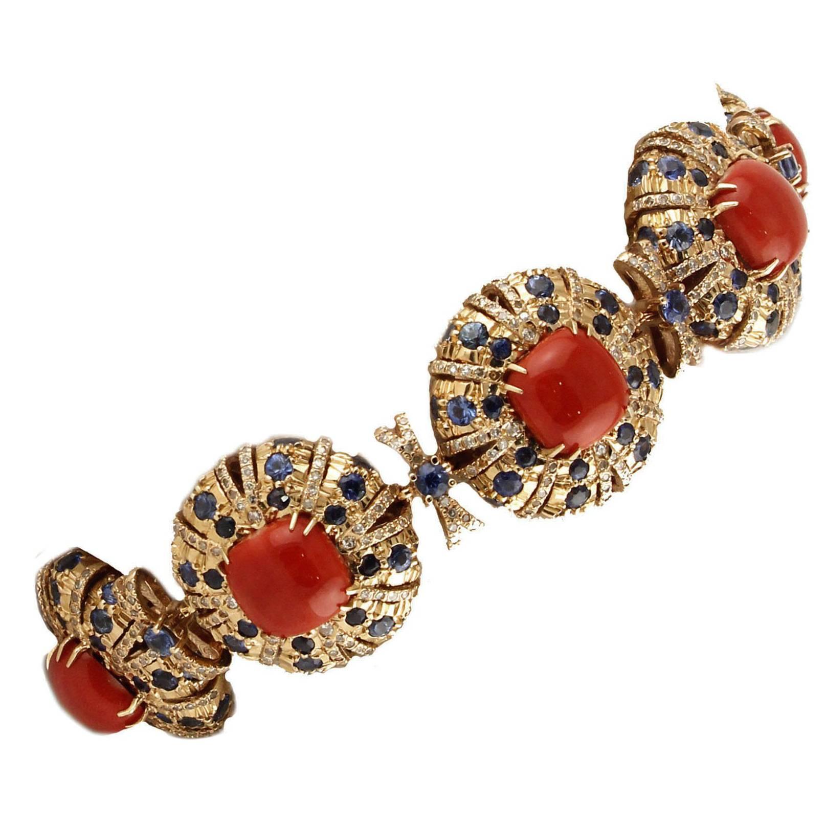 Square Shape Red Corals, Diamonds, Sapphires, Rose Gold Link Retrò Bracelet For Sale