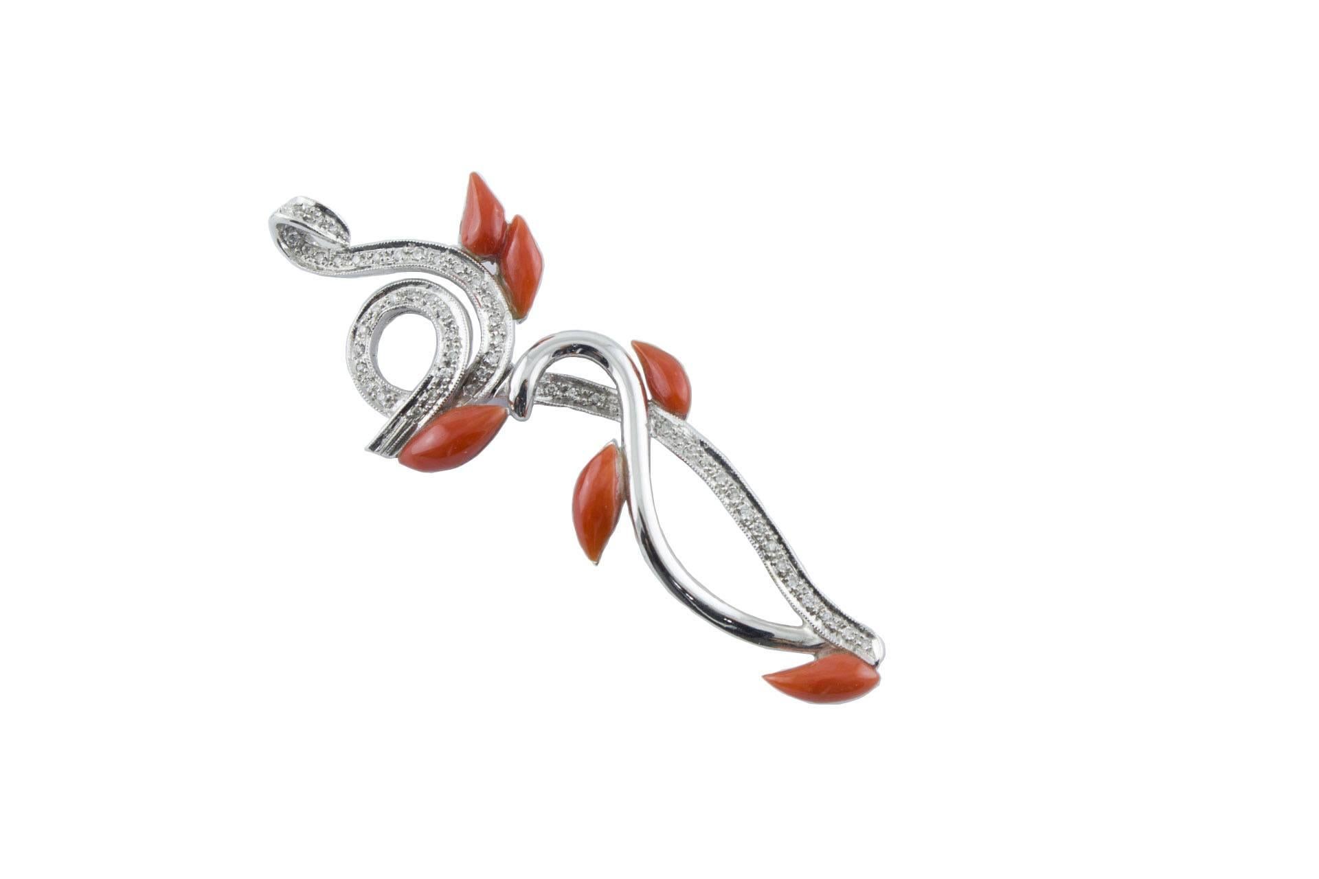 Retro Red Coral Drops, White Diamonds, 14K White Gold Fashion Design Pendant Necklace