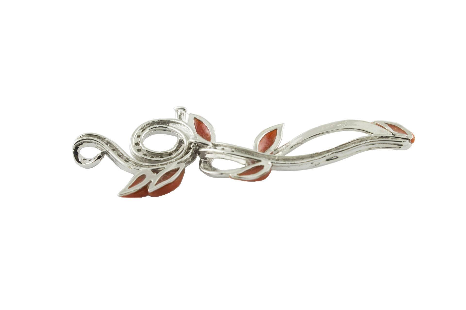 Women's Red Coral Drops, White Diamonds, 14K White Gold Fashion Design Pendant Necklace