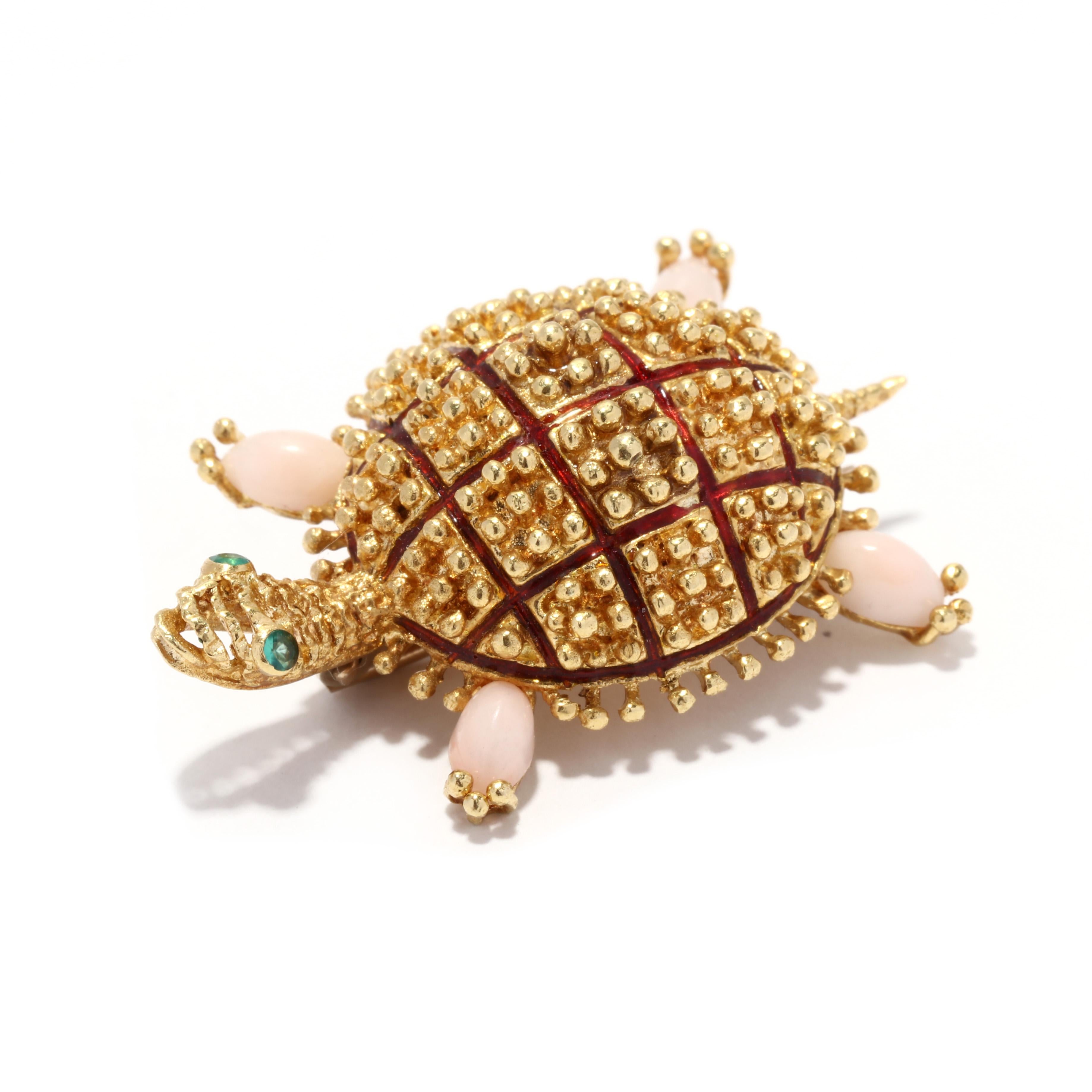 Women's or Men's Italian Coral Enamel Turtle Brooch, 14KT Yellow Gold
