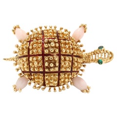 Italian Coral Enamel Turtle Brooch, 14KT Yellow Gold