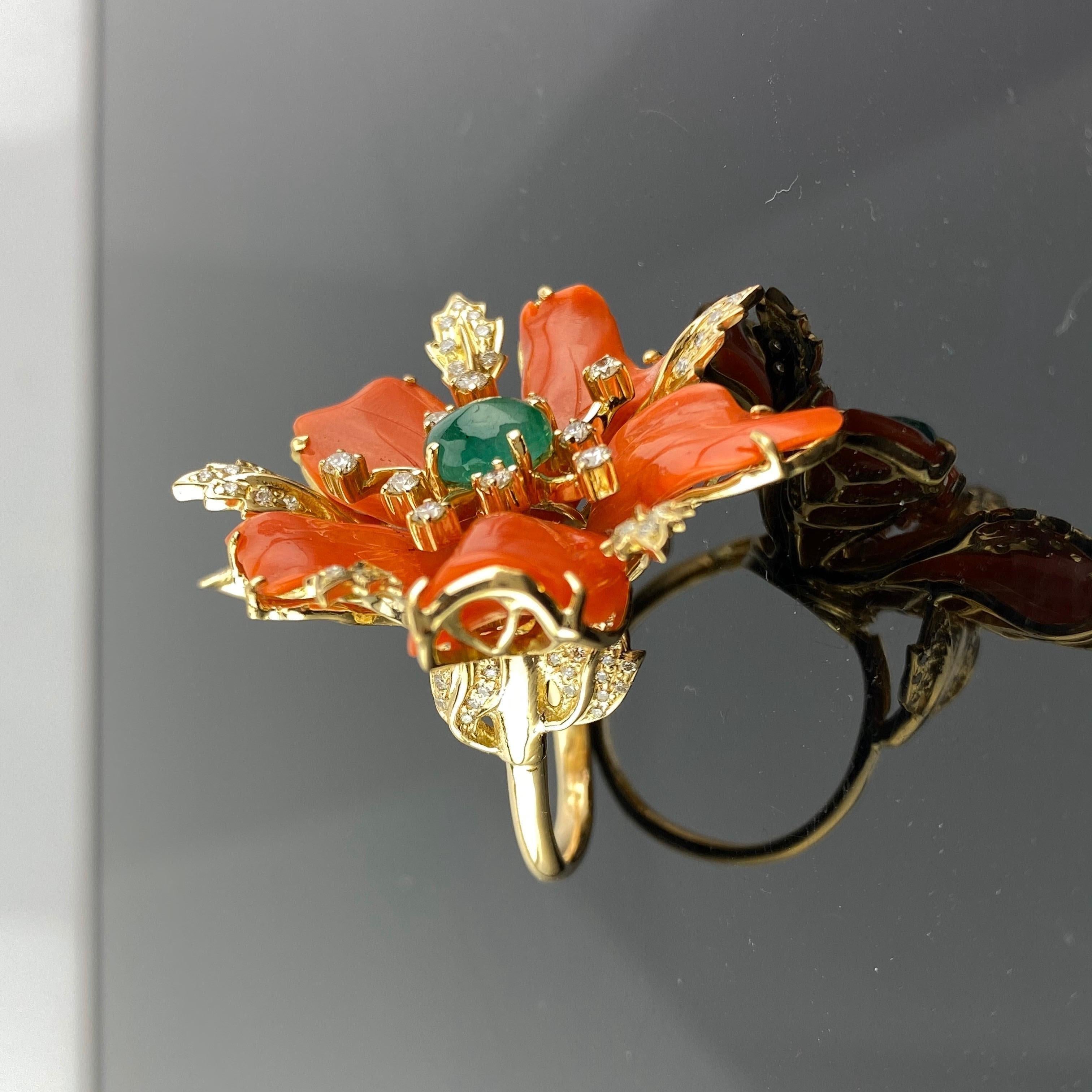 Modern Italian Coral Floral 18 Karat Gold Cocktail Ring