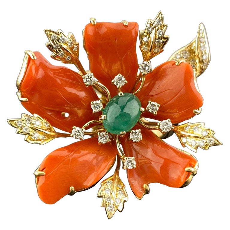 Italian Coral Floral 18 Karat Gold Cocktail Ring For Sale at 1stDibs