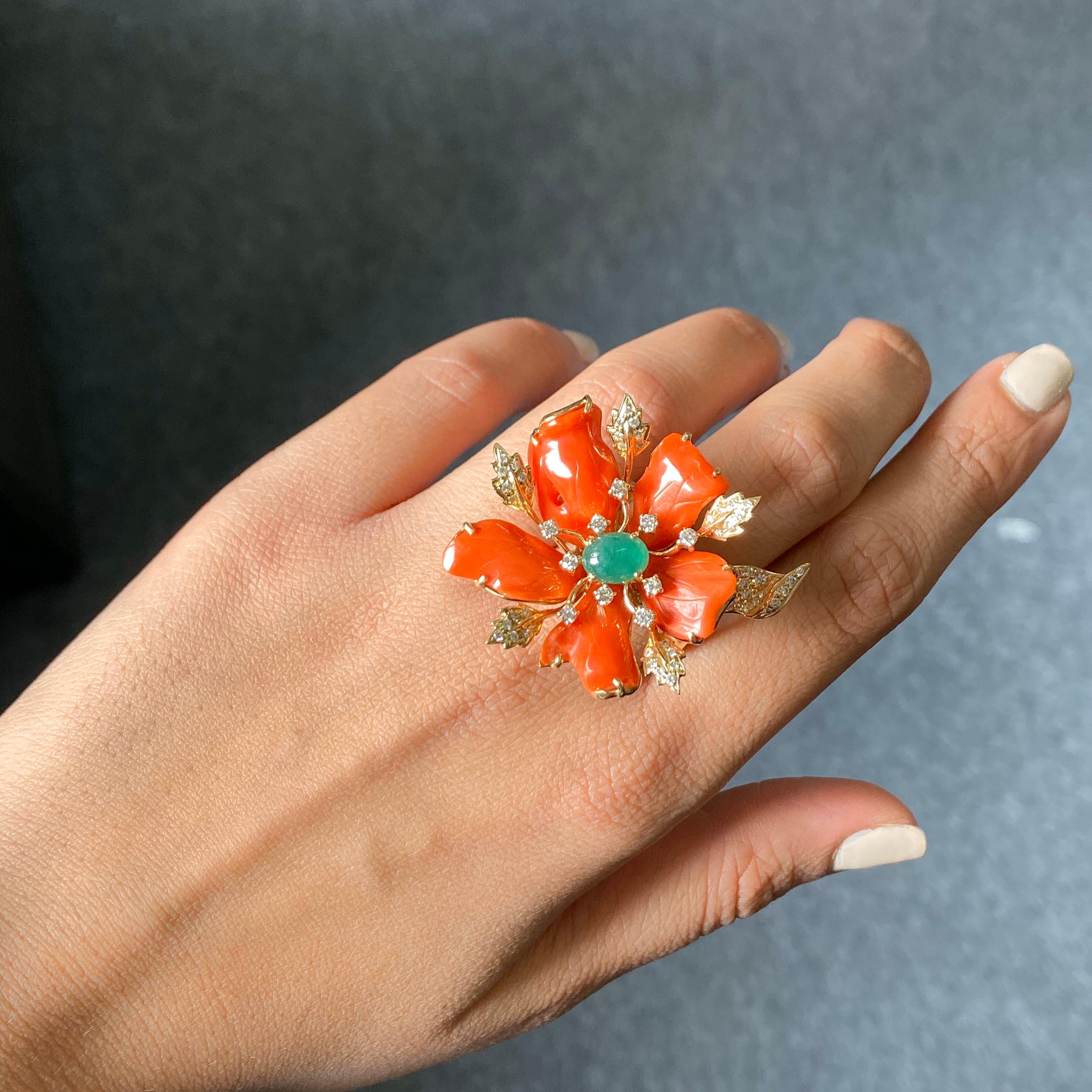 Oval Cut Italian Coral Floral 18 Karat Gold Cocktail Ring