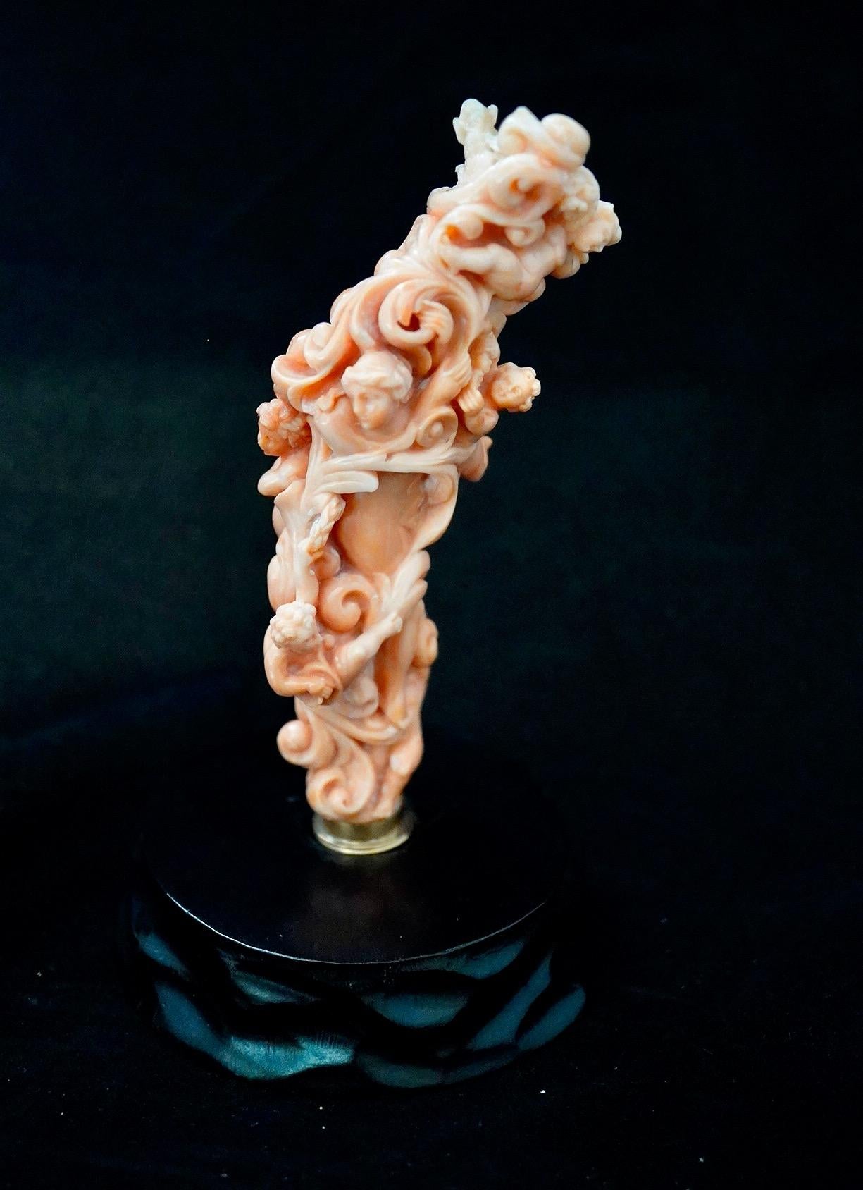 Baroque Revival Italian Coral Highly Carved Baroque Parasol Handle Early 19th Century For Sale