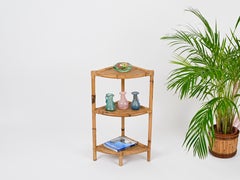 Italian Corner Shelf or Étagère in Bamboo, Rattan and Wicker, 1970s