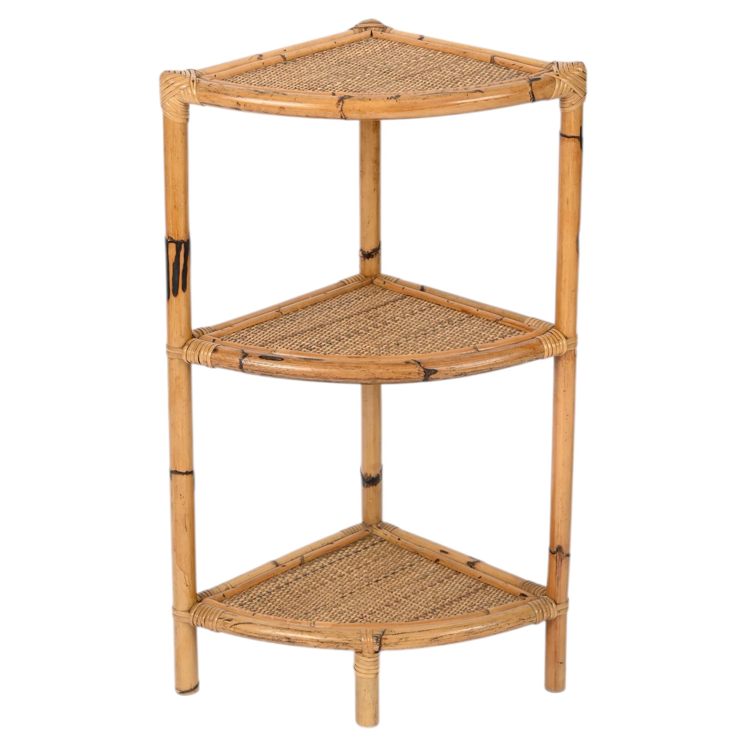 Italian Corner Shelf or Étagère in Bamboo, Rattan and Wicker, 1970s