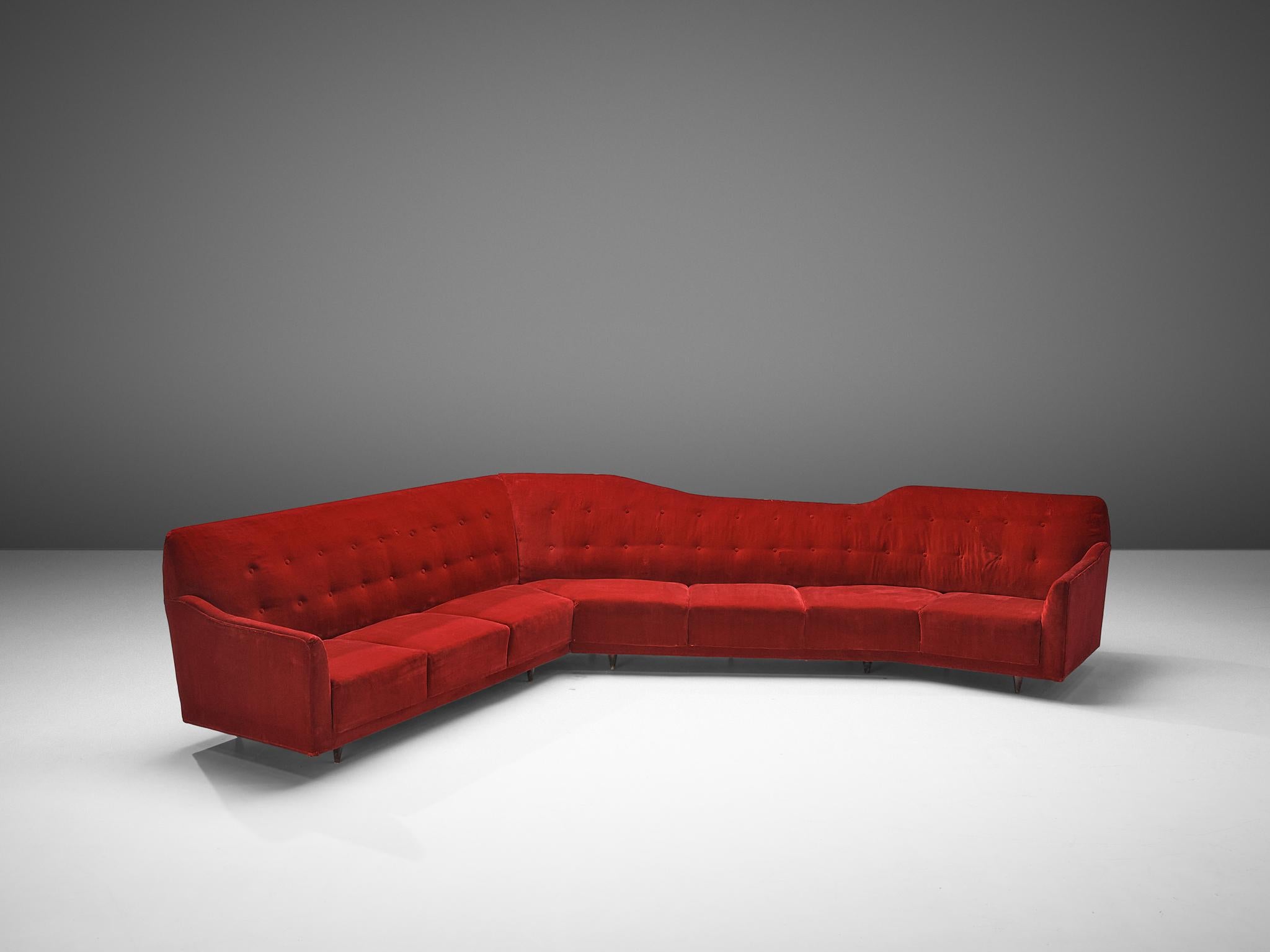 Sofa, velvet, wood, Italy, 1950s

Beautiful and very spacious sofa dating back to the 1950s, crafted in Italy.  This corner sofa is an eye-catching piece that has all the characteristics of mid-modern design. Not only does the sofa embrace an