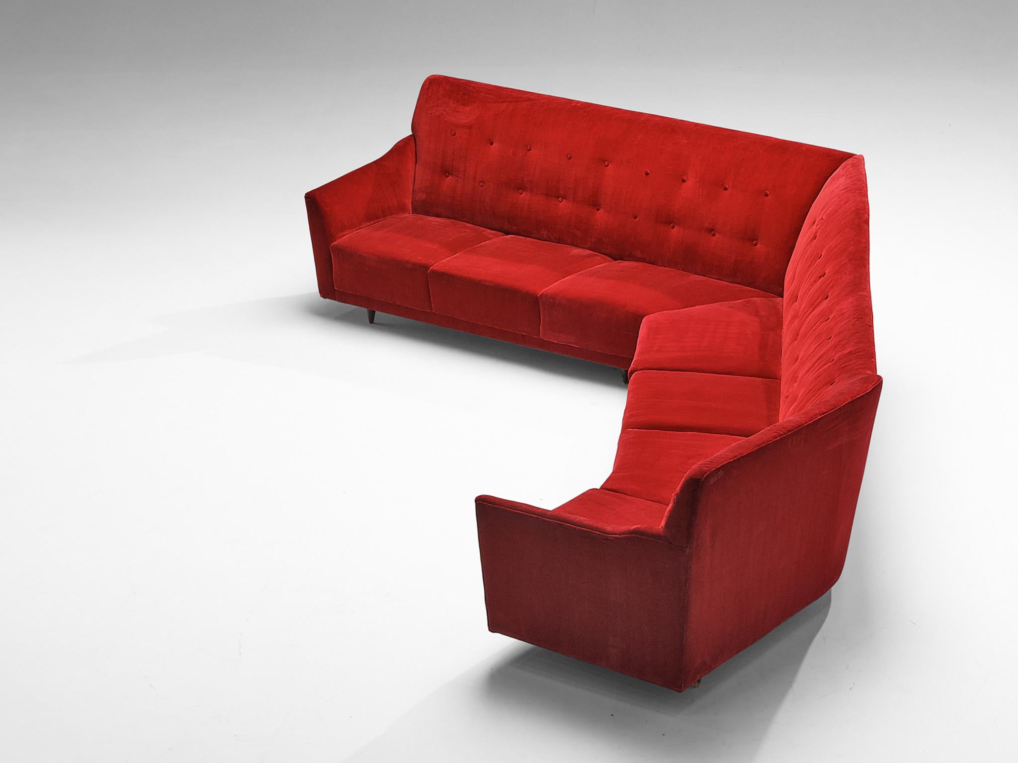 Mid-Century Modern Italian Corner Sofa in Bright Red Velvet  For Sale
