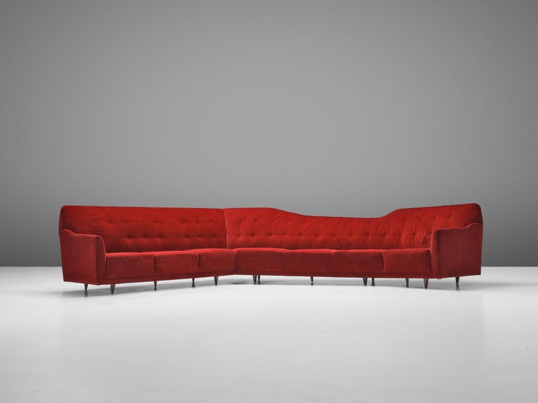Italian Corner Sofa in Bright Red Velvet For Sale at 1stDibs red