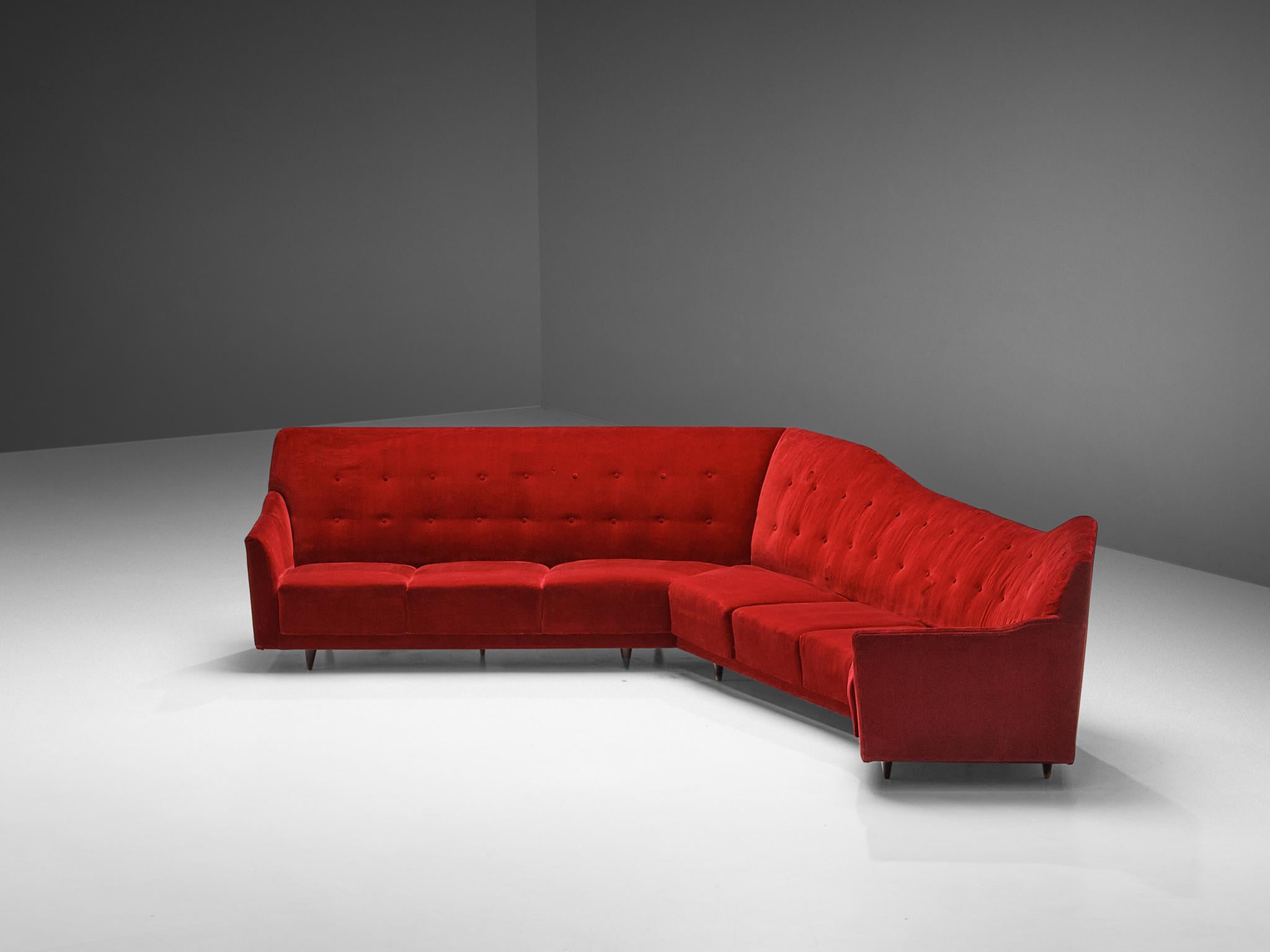 Mid-20th Century Italian Corner Sofa in Bright Red Velvet  For Sale