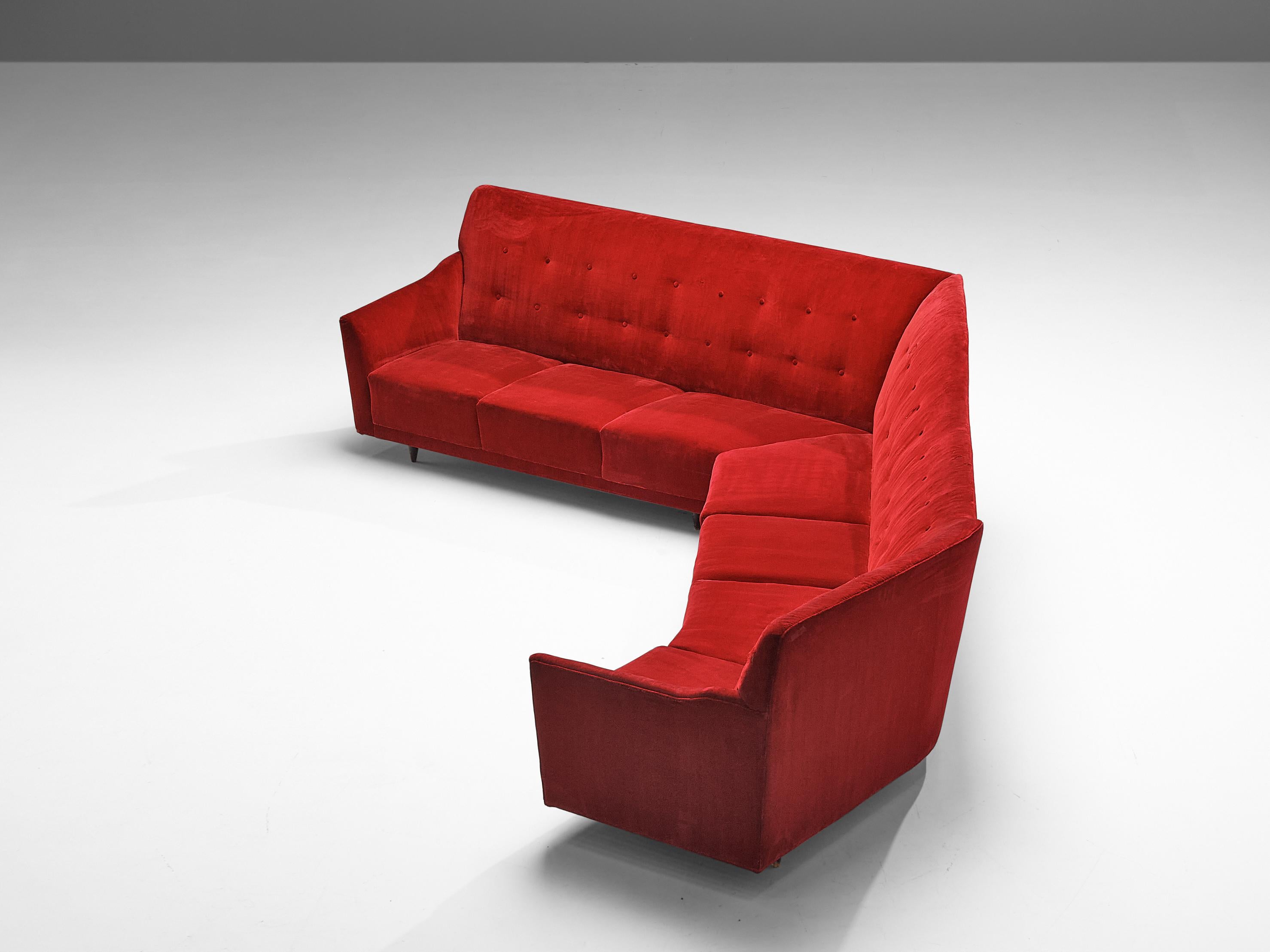 Mid-Century Modern Italian Corner Sofa in Bright Red Velvet