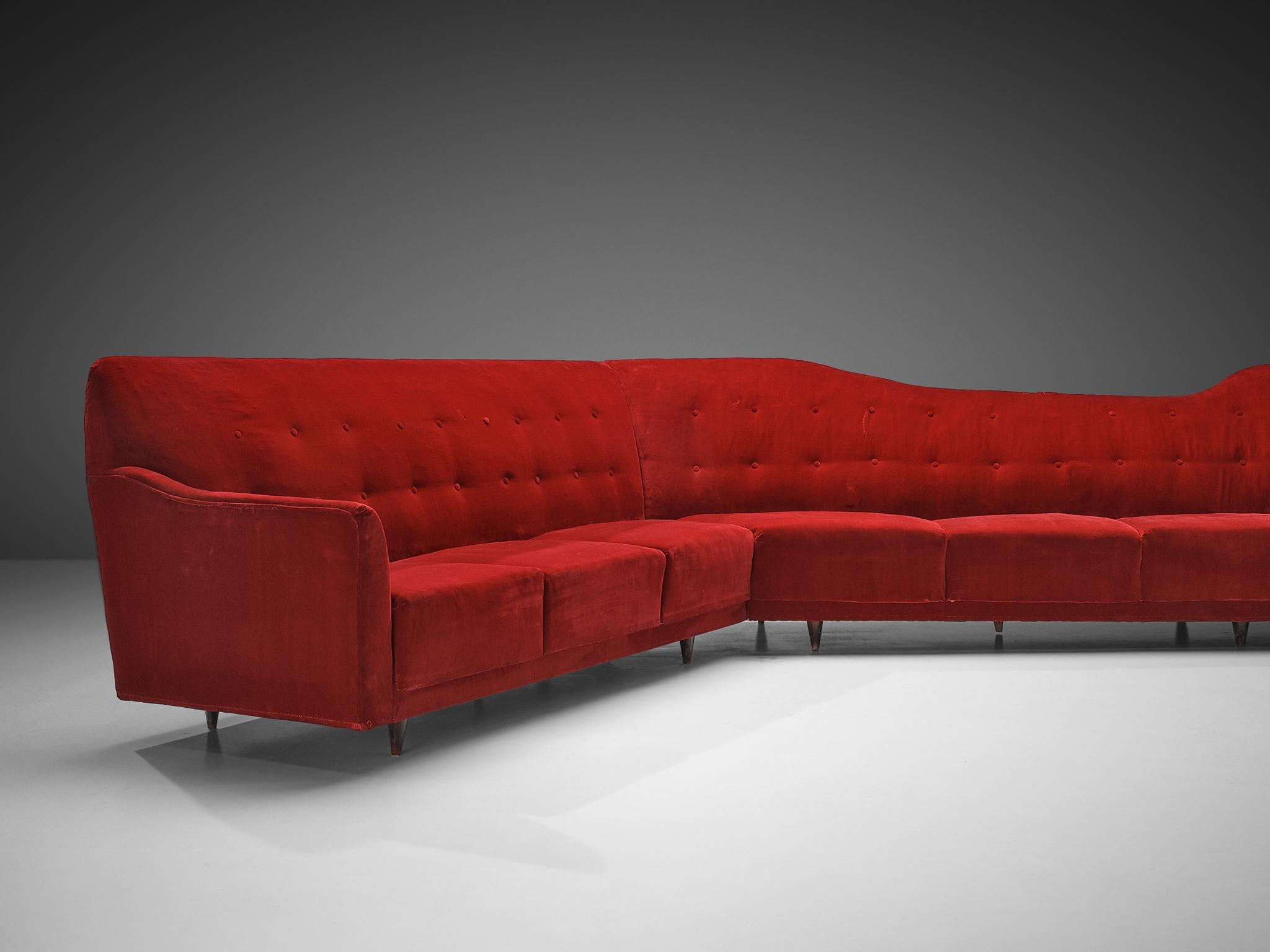 Italian Corner Sofa in Bright Red Velvet  For Sale 1