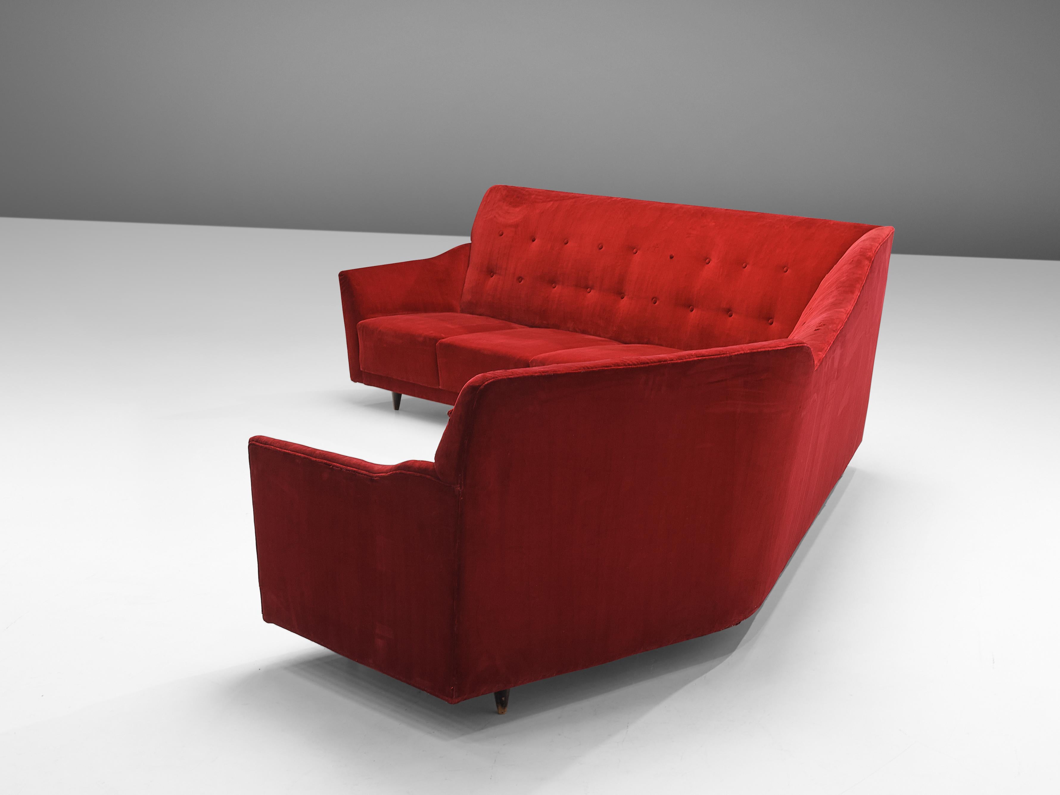 Mid-20th Century Italian Corner Sofa in Bright Red Velvet