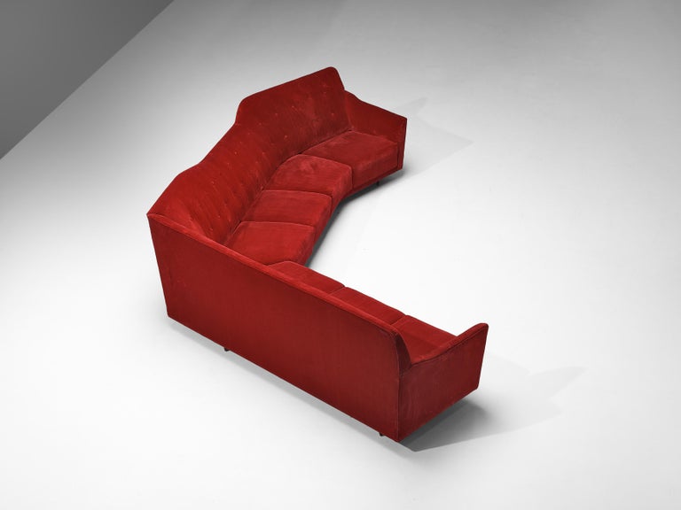 Italian Corner Sofa in Bright Red Velvet For Sale at 1stDibs
