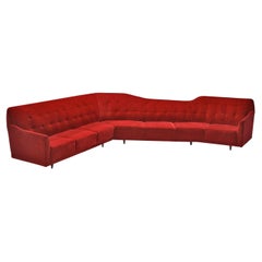 Vintage Italian Corner Sofa in Bright Red Velvet