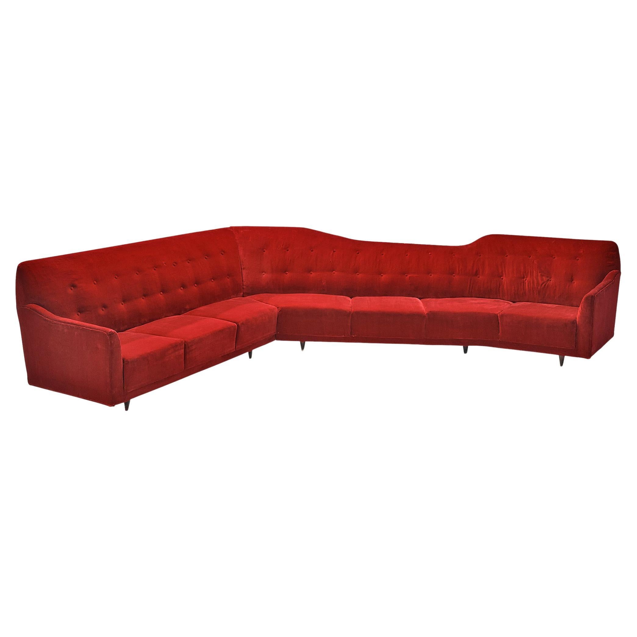Italian Corner Sofa in Bright Red Velvet  For Sale