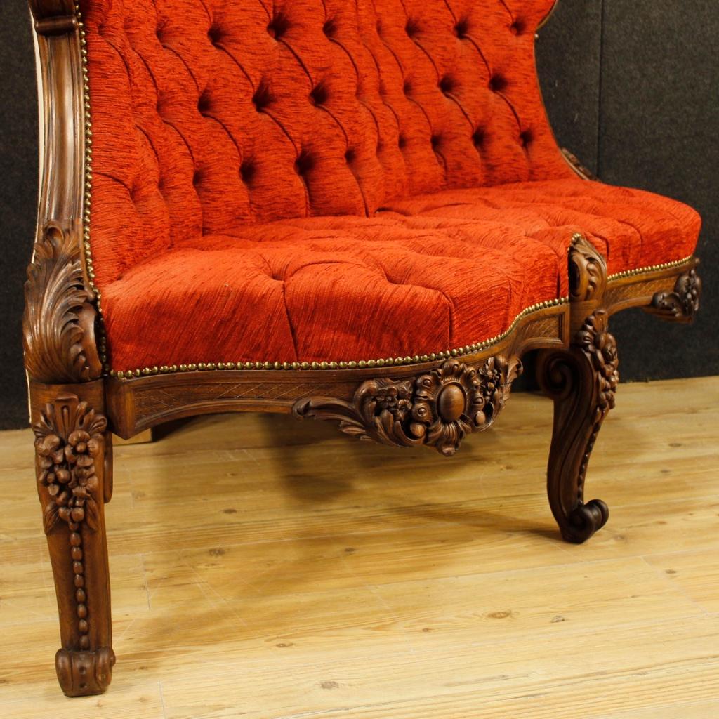 Italian Corner Sofa in Red Velvet and Walnut, Mahogany and Palisander Wood In Good Condition In Vicoforte, Piedmont
