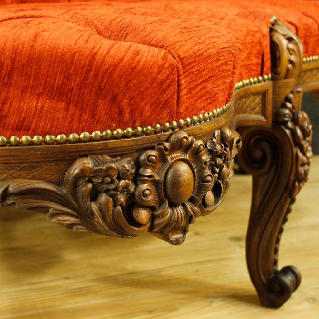 20th Century Italian Corner Sofa in Red Velvet and Walnut, Mahogany and Palisander Wood
