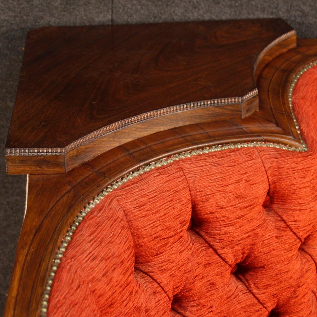 Italian Corner Sofa in Red Velvet and Walnut, Mahogany and Palisander Wood 2