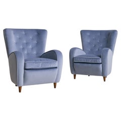 Italian Cornflower Blue Velvet Lounge Chair in the Manner of Paolo Buffa, 1950s