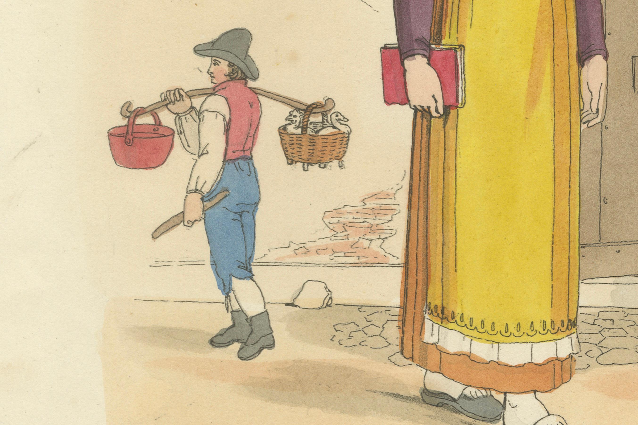 Costume italien - Femme de Vercelli, estampe coloriée à la main par R. Bridgens, 1835 Bon état - En vente à Langweer, NL