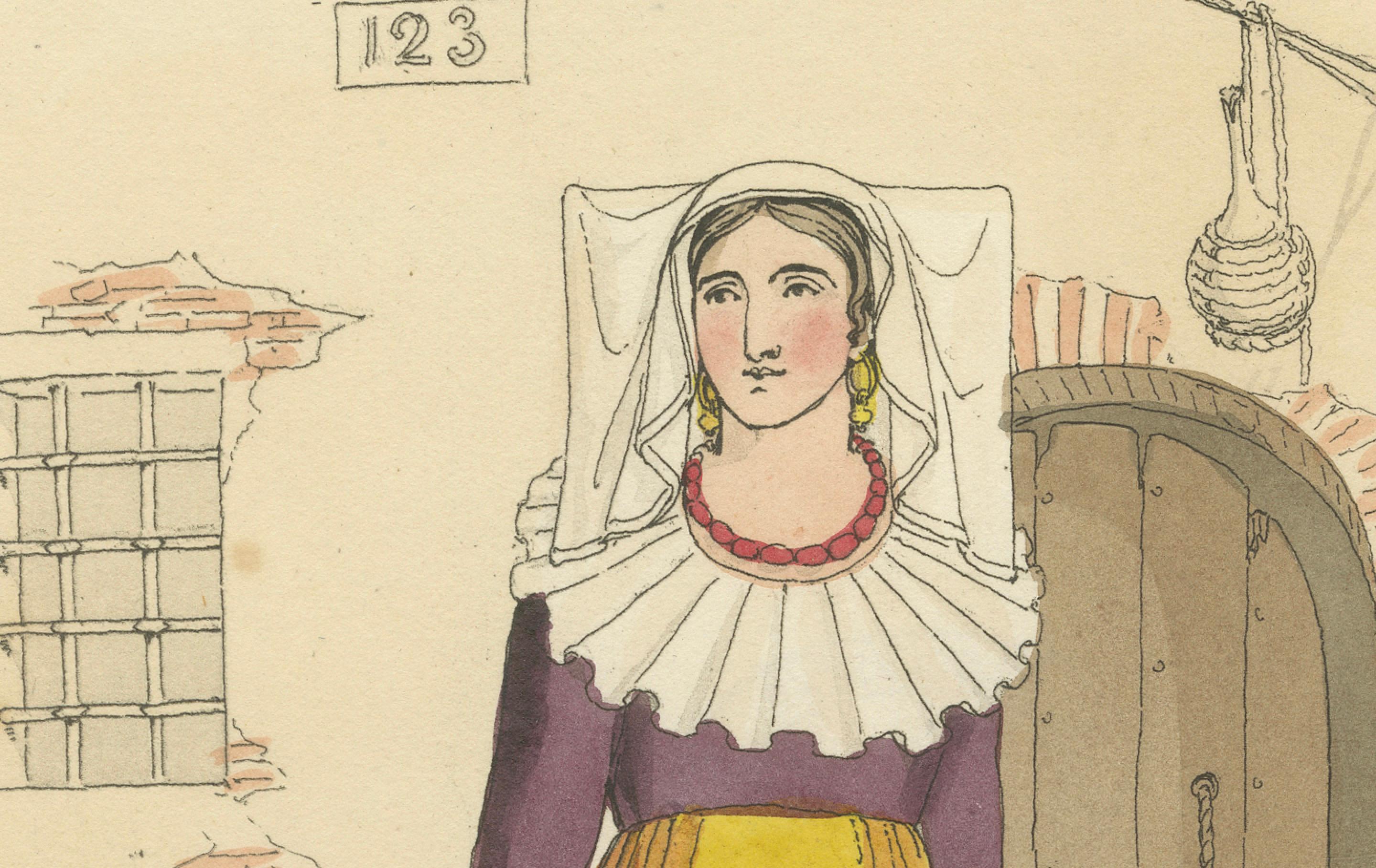 Milieu du XIXe siècle Costume italien - Femme de Vercelli, estampe coloriée à la main par R. Bridgens, 1835 en vente