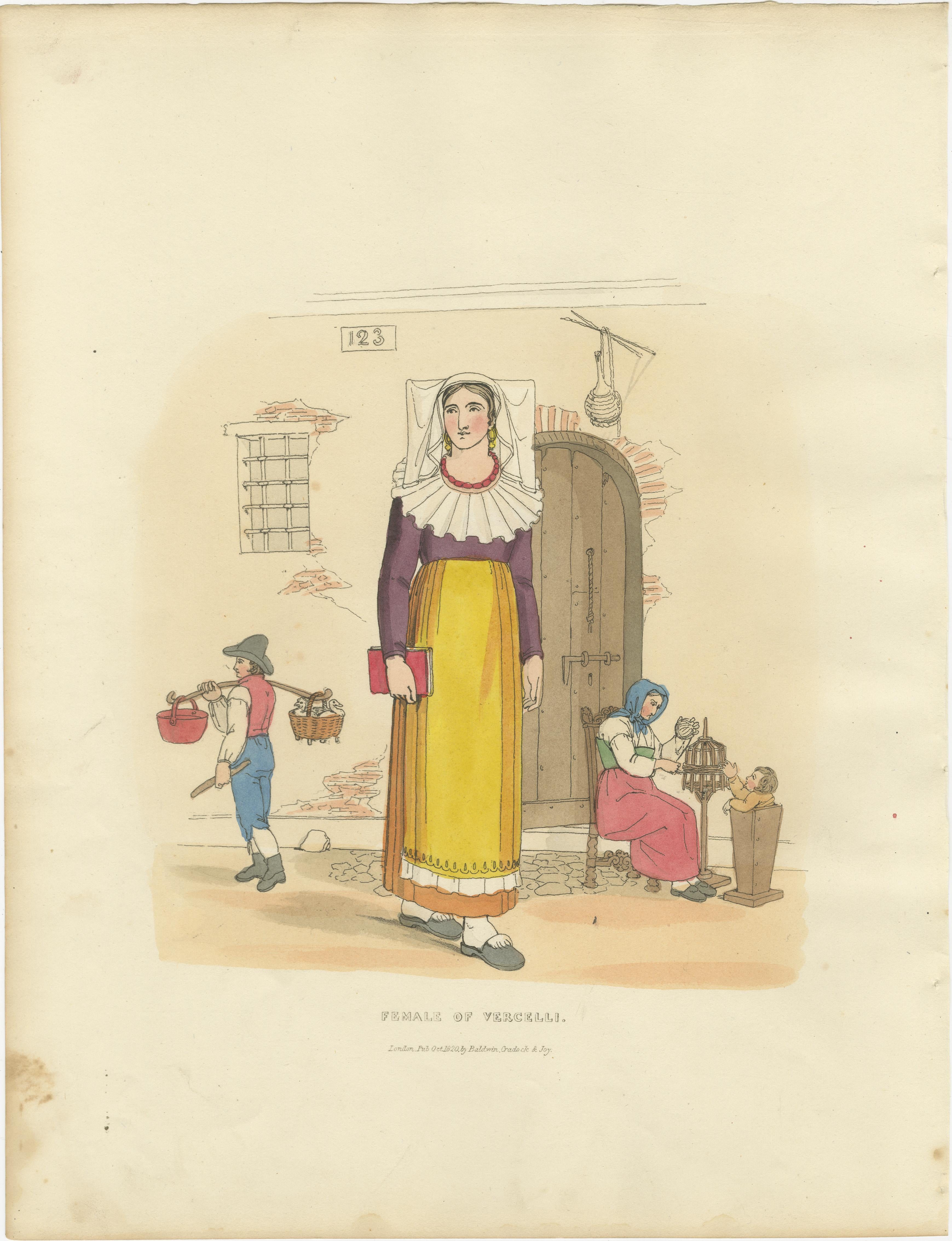 Costume italien - Femme de Vercelli, estampe coloriée à la main par R. Bridgens, 1835 en vente 2