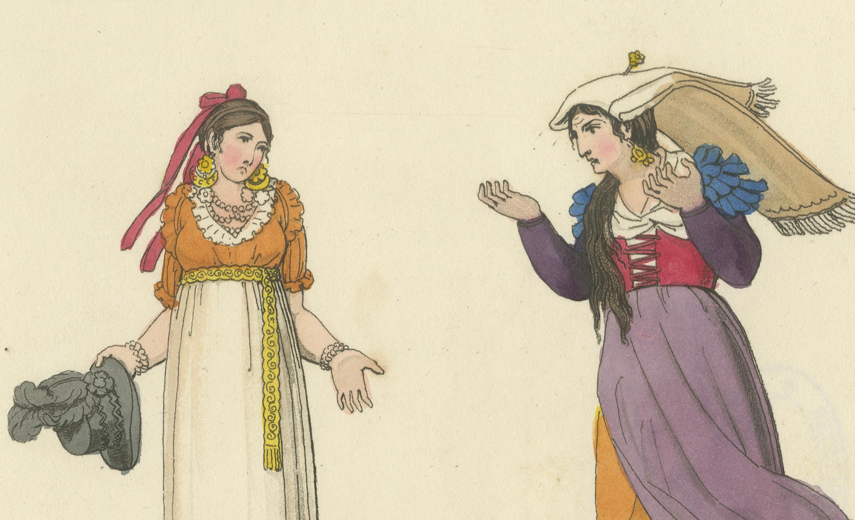Italienischer Kostümdruck: Ausdrucksstarke Gesten von Frauen, handkoloriert, 1820er Jahre im Zustand „Gut“ im Angebot in Langweer, NL