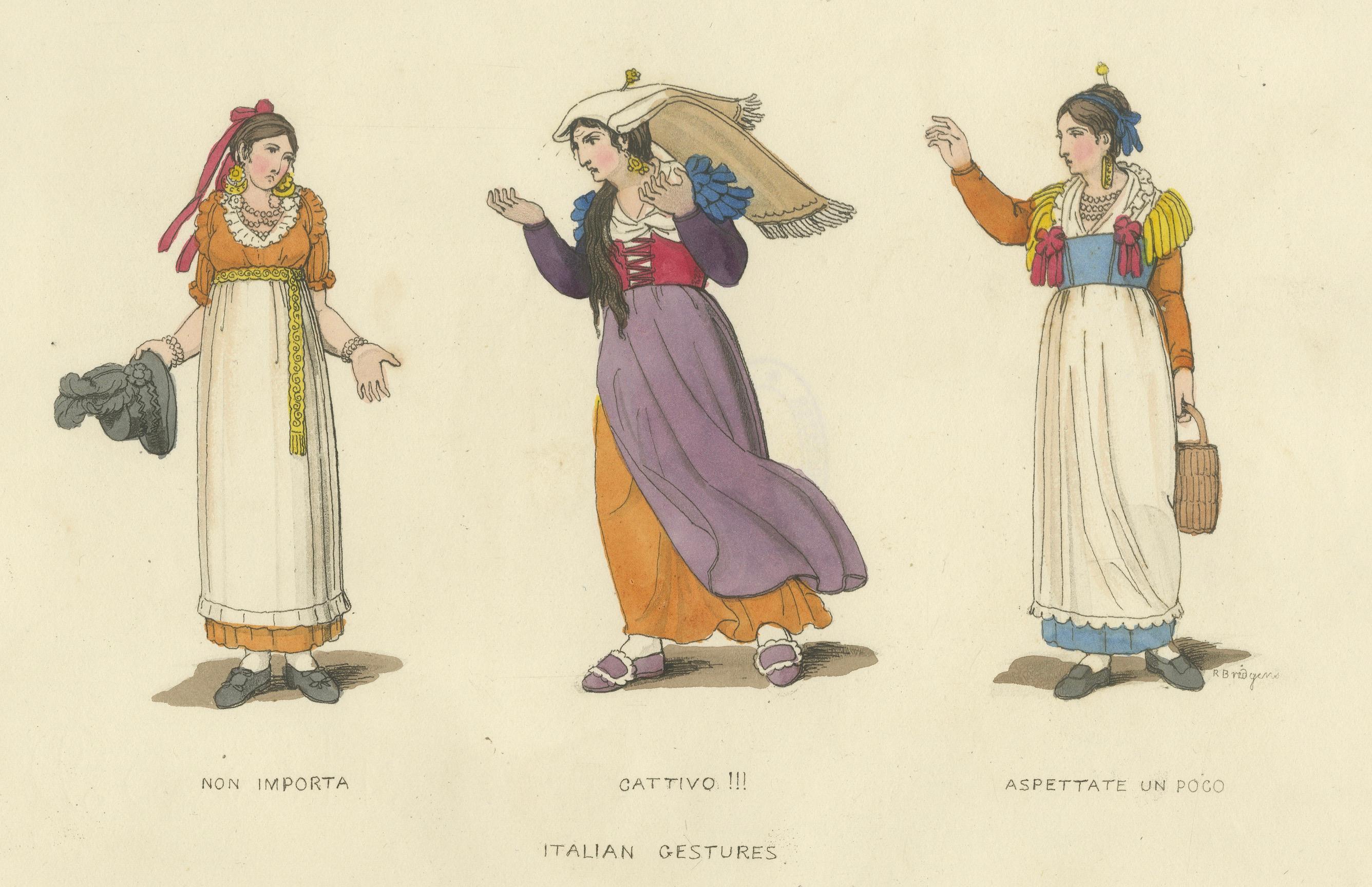 Italienischer Kostümdruck: Ausdrucksstarke Gesten von Frauen, handkoloriert, 1820er Jahre (Frühes 19. Jahrhundert) im Angebot