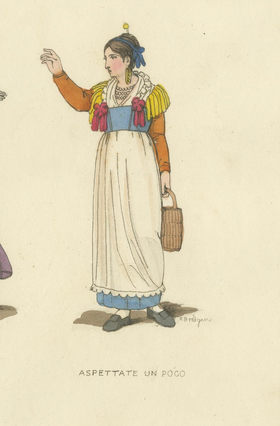 Italienischer Kostümdruck: Ausdrucksstarke Gesten von Frauen, handkoloriert, 1820er Jahre (Papier) im Angebot