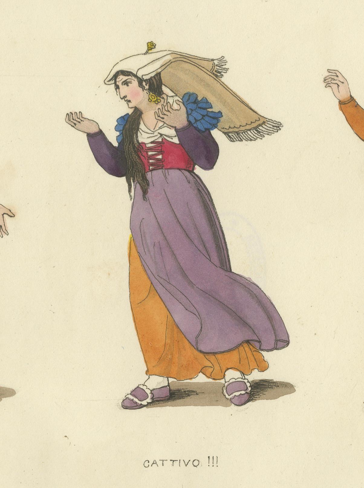Italienischer Kostümdruck: Ausdrucksstarke Gesten von Frauen, handkoloriert, 1820er Jahre im Angebot 1