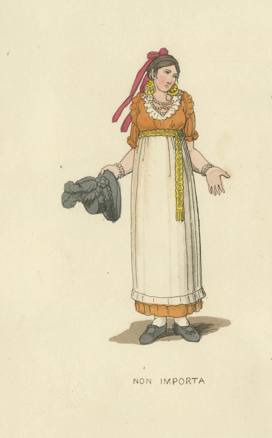 Italienischer Kostümdruck: Ausdrucksstarke Gesten von Frauen, handkoloriert, 1820er Jahre im Angebot 2