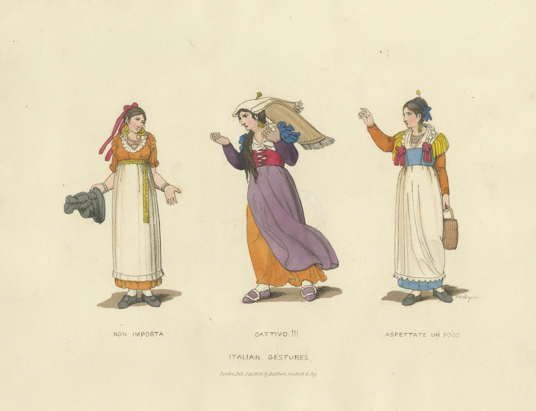 Italienischer Kostümdruck: Ausdrucksstarke Gesten von Frauen, handkoloriert, 1820er Jahre im Angebot 3