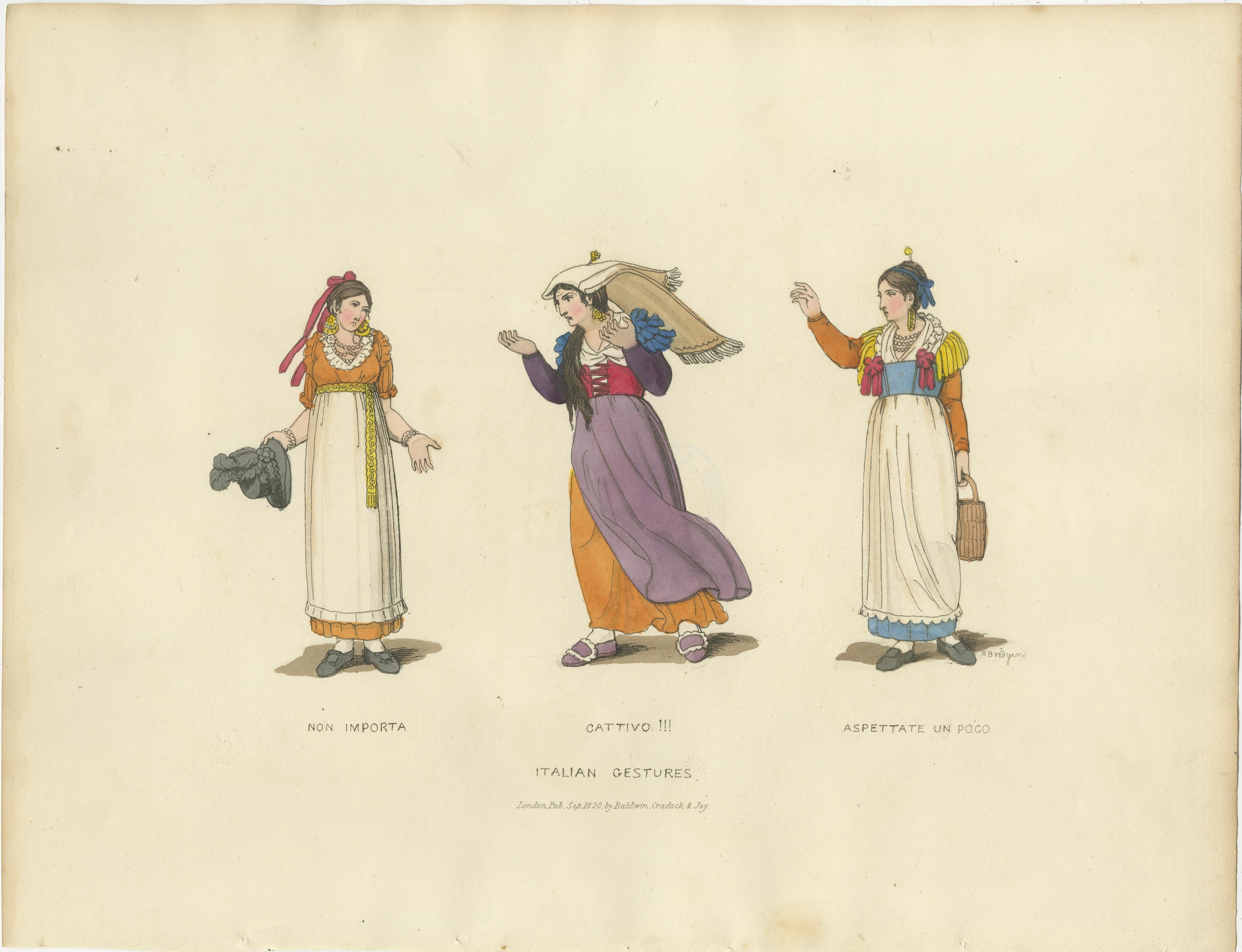Italienischer Kostümdruck: Ausdrucksstarke Gesten von Frauen, handkoloriert, 1820er Jahre im Angebot 4
