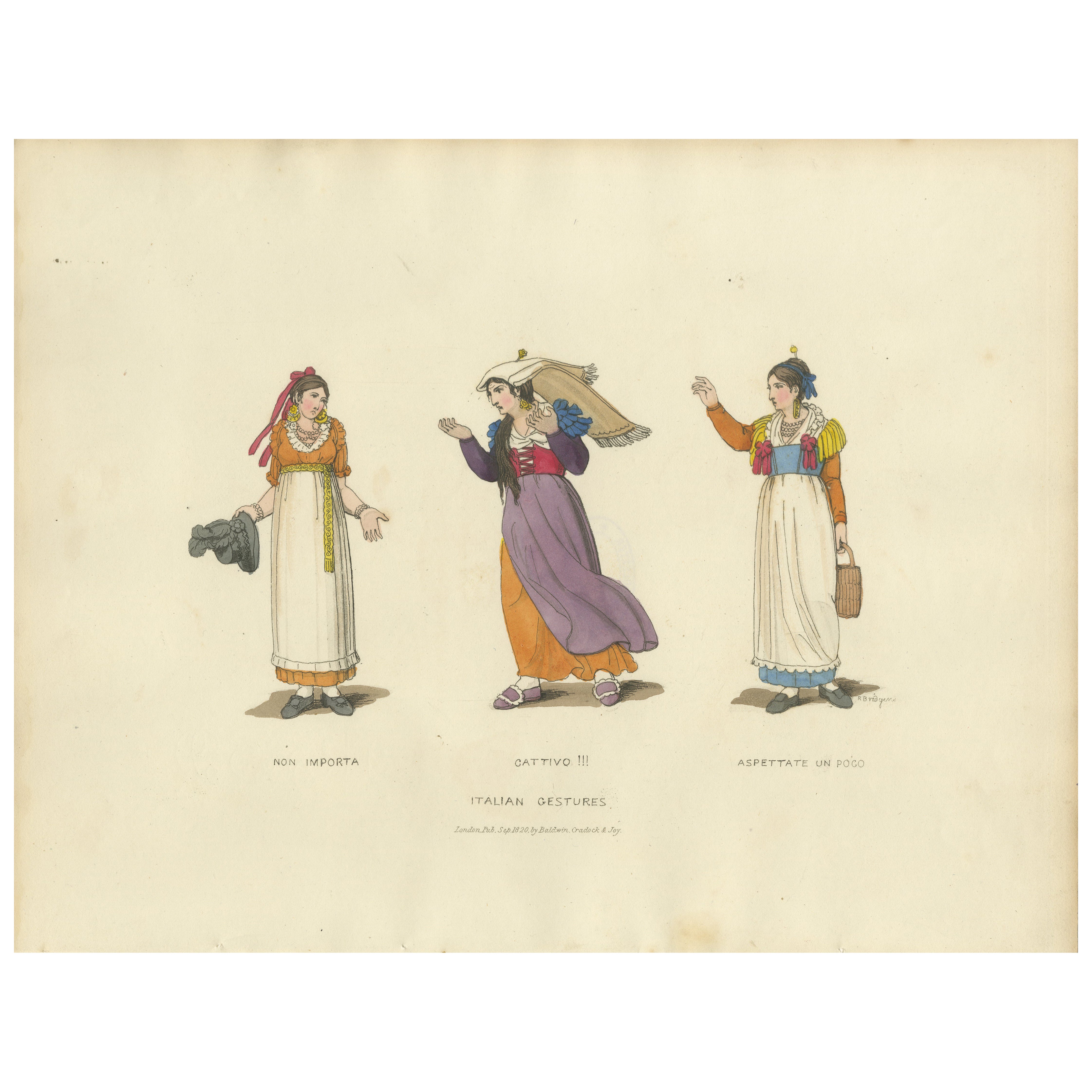 Italian Costume Print: Expressive Gestures of Women, Hand-Colored, 1820s