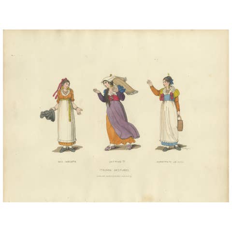 Italian Costume Print: Expressive Gestures of Women, Hand-Colored, 1820s