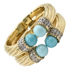 Italian Costume Turquoise Crystal Gold Plated Bangle Bracelets - Pair