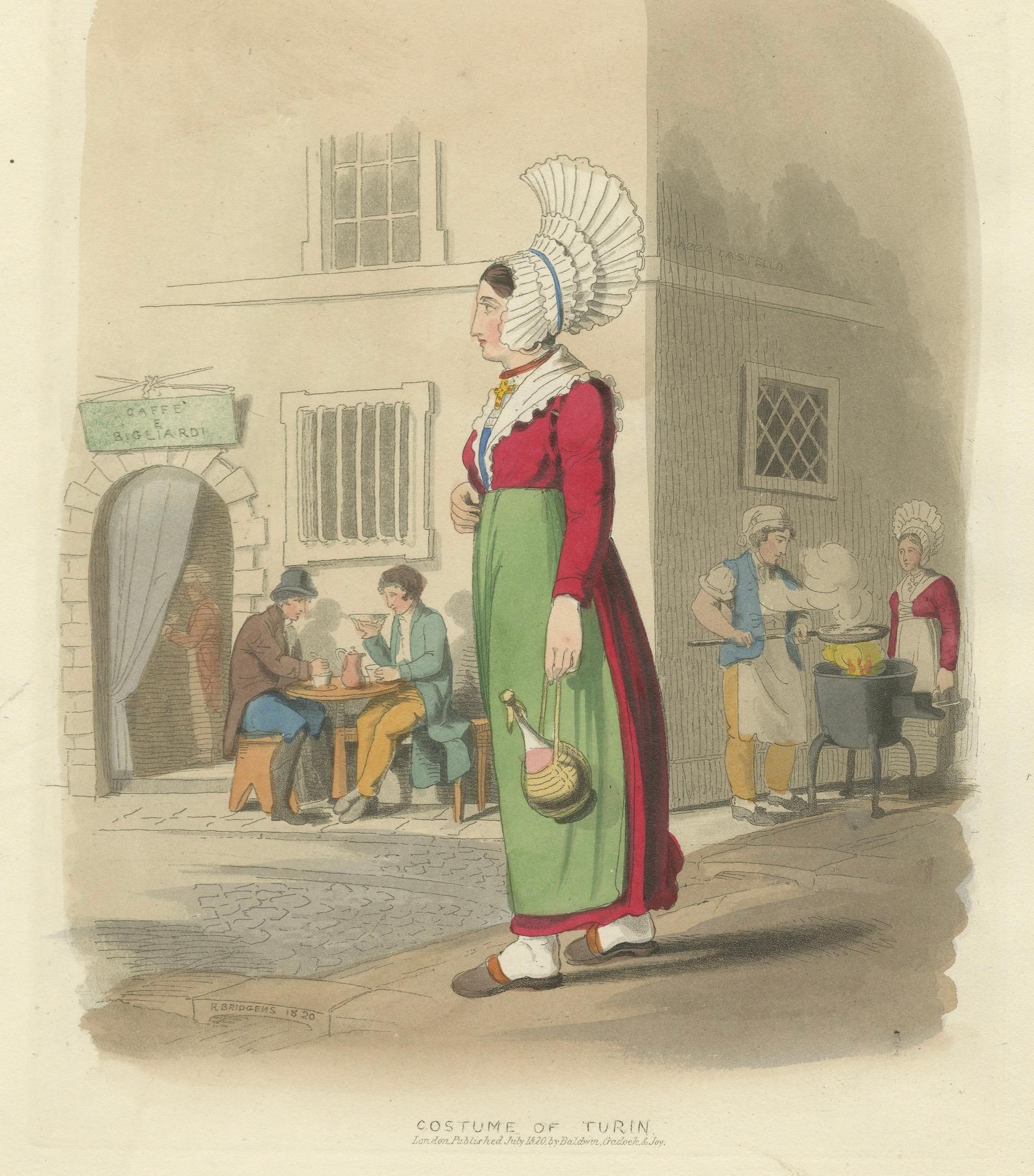 Italienische Tracht - Frau von Turin in traditioneller Kleidung, 1835 im Angebot 1