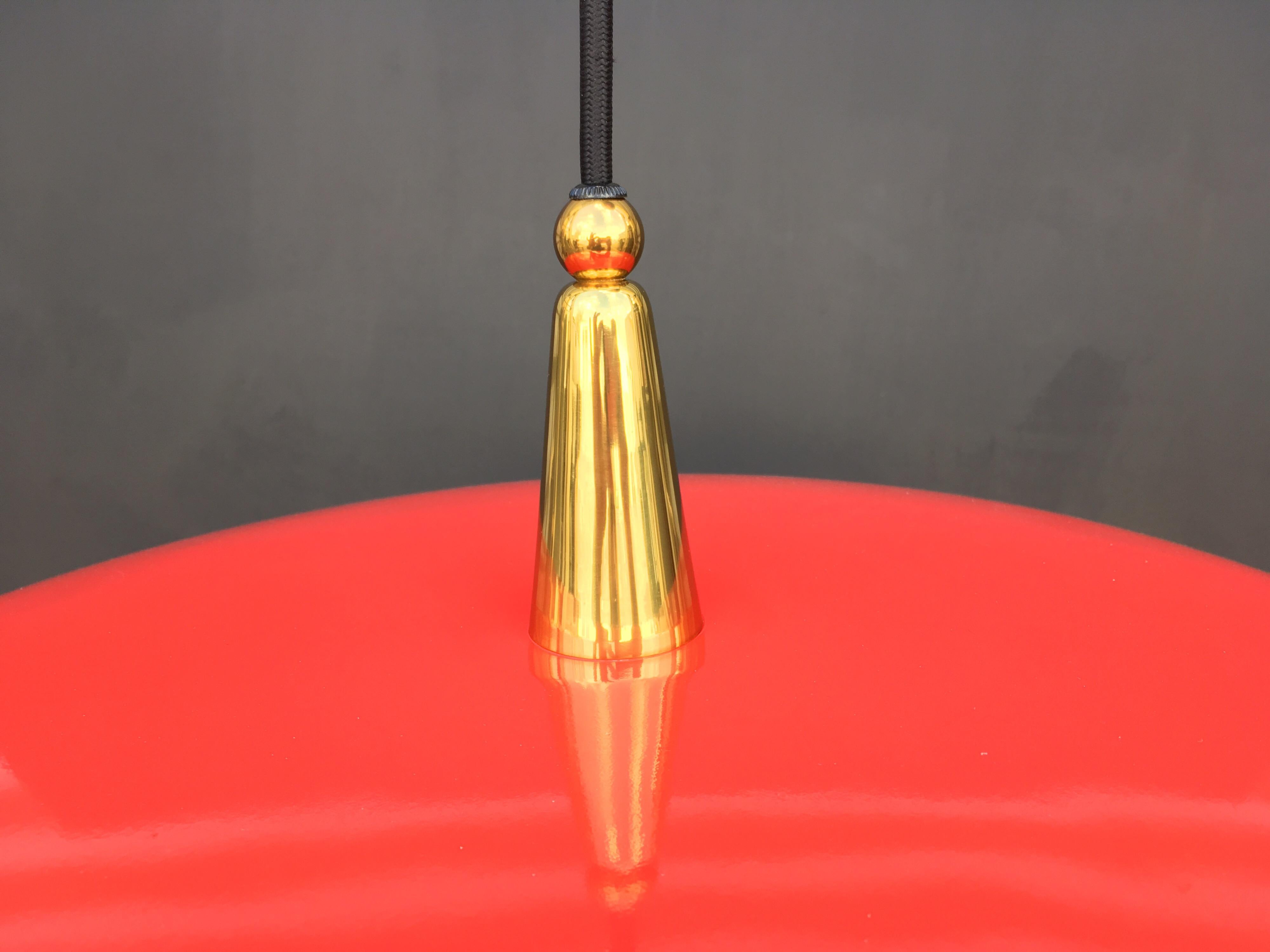 Italian Counter Weight Chandelier Lamp Pendant, Brass and Red Lacquer, 1950s 4