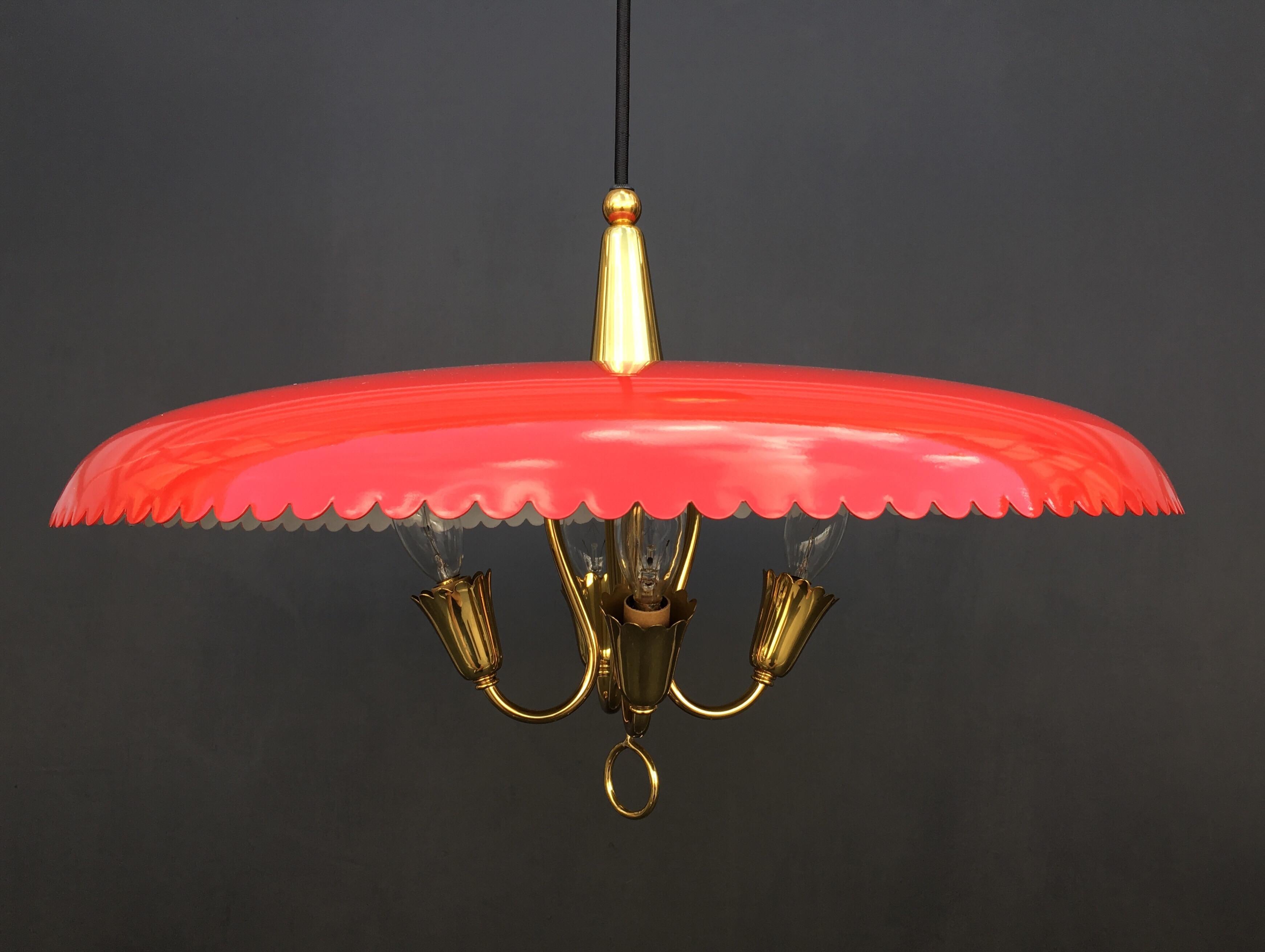 Italian Counter Weight Chandelier Lamp Pendant, Brass and Red Lacquer, 1950s 5
