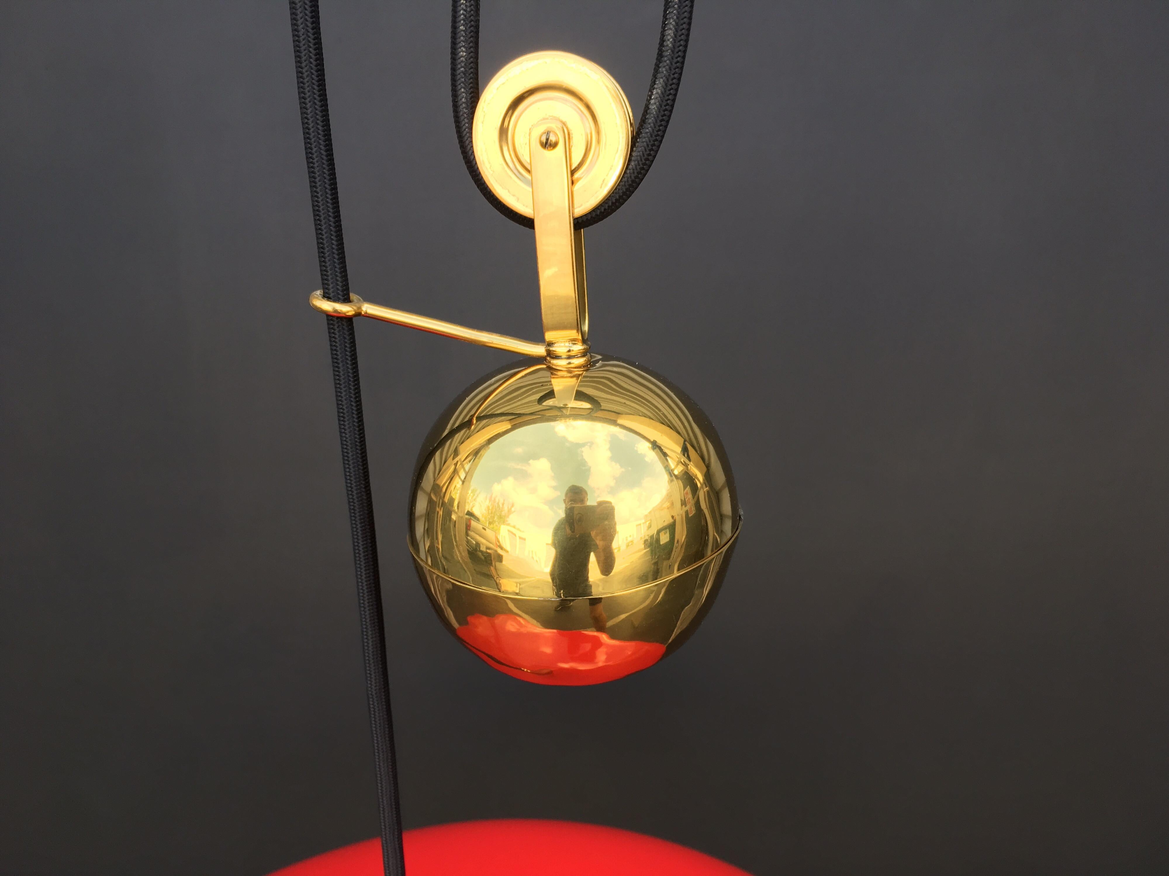 Italian Counter Weight Chandelier Lamp Pendant, Brass and Red Lacquer, 1950s 6