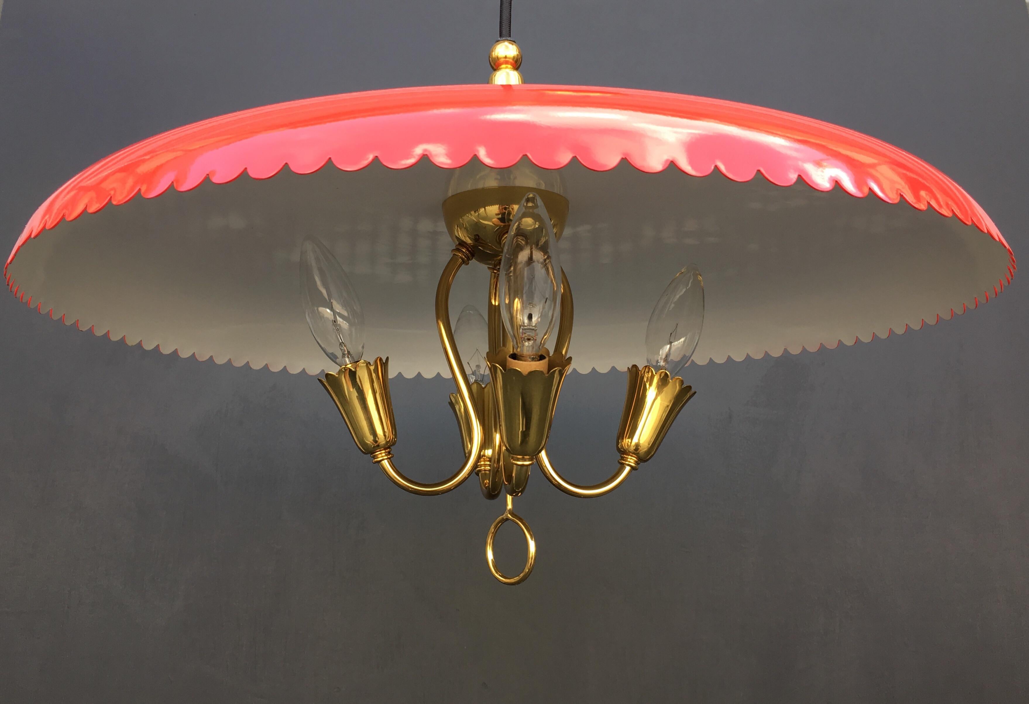 Italian Counter Weight Chandelier Lamp Pendant, Brass and Red Lacquer, 1950s 7