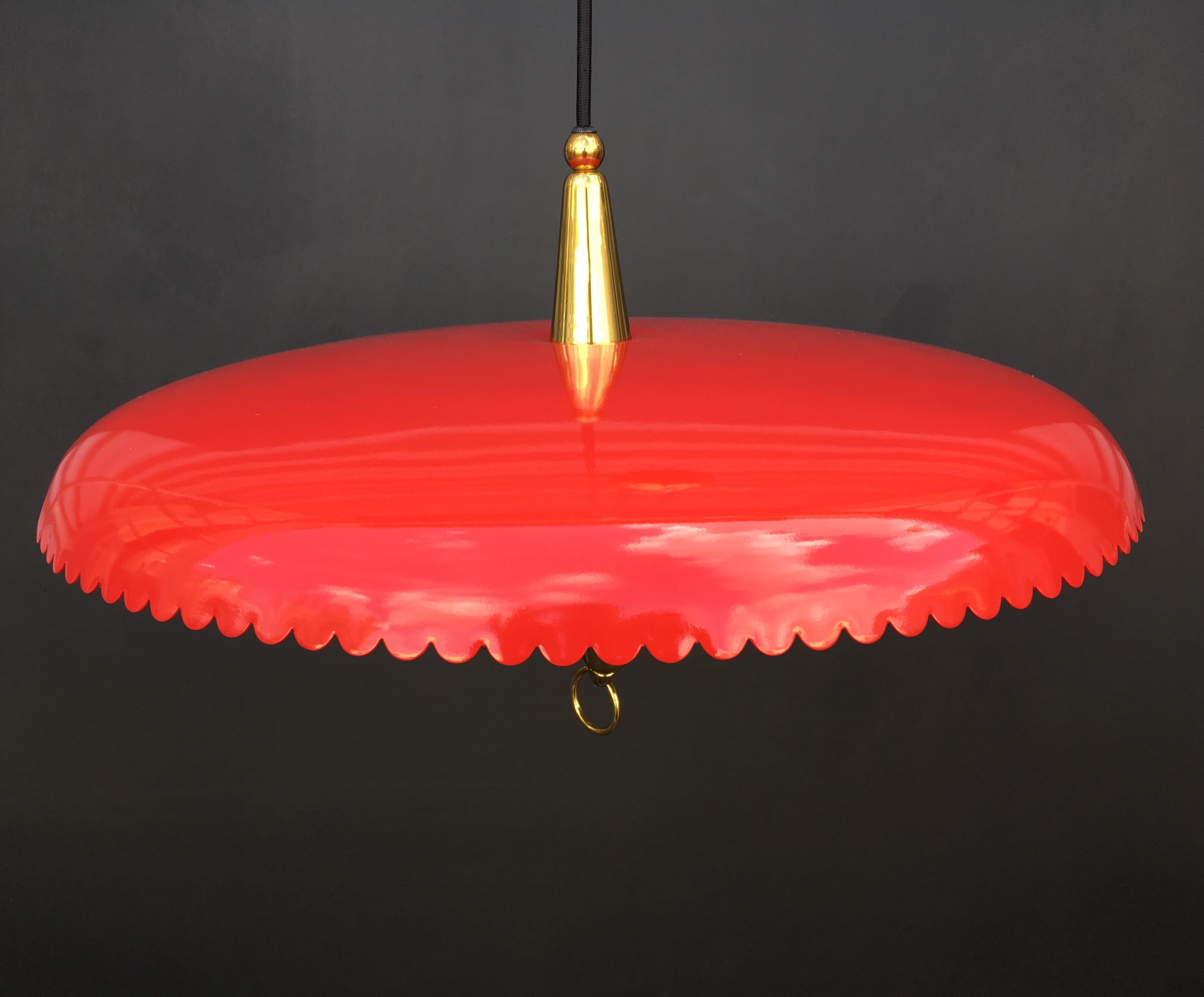 Italian Counter Weight Chandelier Lamp Pendant, Brass and Red Lacquer, 1950s 8
